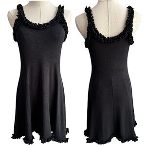 Vintage 90s Y2K Slinky Little Black Dress Sz L Stretch Ruffle Scoop Neck LBD 00s
